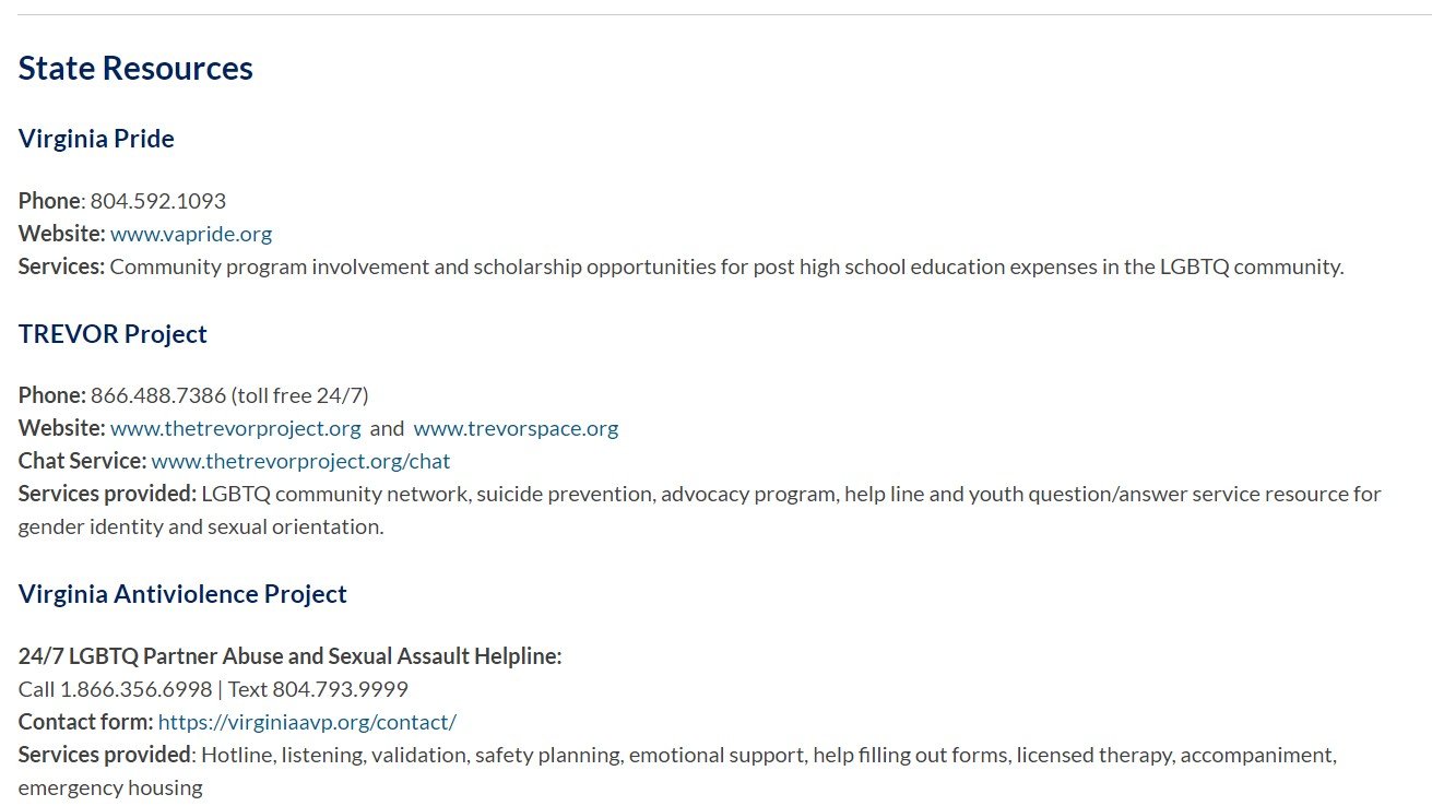 A screenshot of the removed resource page shows a link to the TREVOR Project, an organization that provides 24/7 crisis support services to LGBTQ young people. 